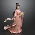 Woman In Pink Traditional Robe With Elaborate Headdress Holding Round Fan Ceramic Figurine
