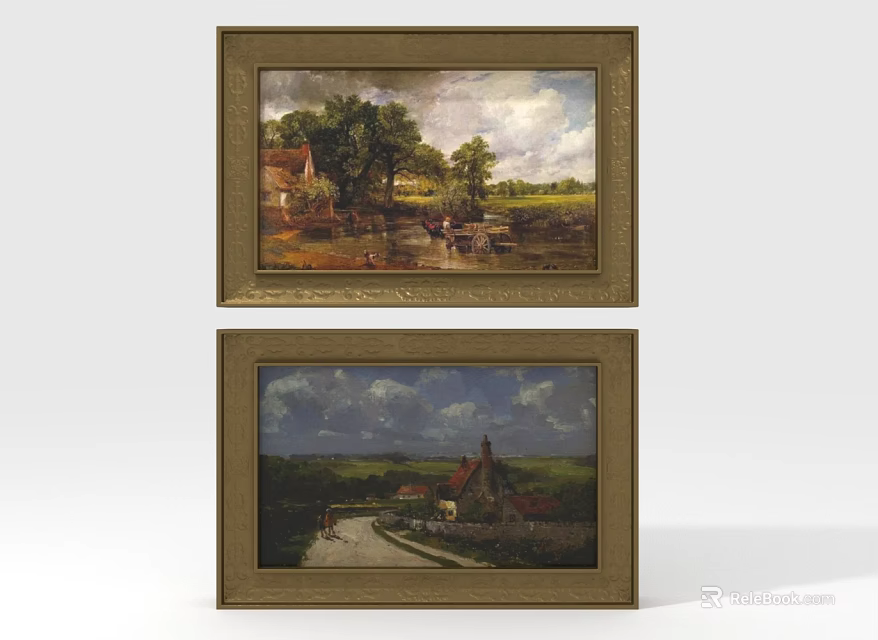 Two Framed Landscape Paintings With Classic Gold Frames And Country Scenery 3d model 