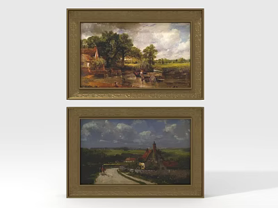 Two Framed Landscape Paintings With Classic Gold Frames And Country Scenery 3d model