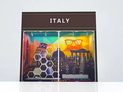 Vibrant Italy Themed Window Display With Colorful Landmarks Hexagonal Decorations And Orange Sunglasses 3d model