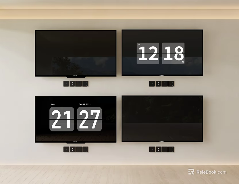 Four Televisions Mounted On Wall With Digital Displays 3d model 