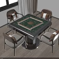 Mahjong Table Setup With Green Top Four Chairs And Wooden Floor Curtains In Room