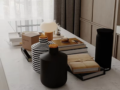 Inflatable Model On White Marble Countertop With Books Striped Bottle And Black Thermos 3d model