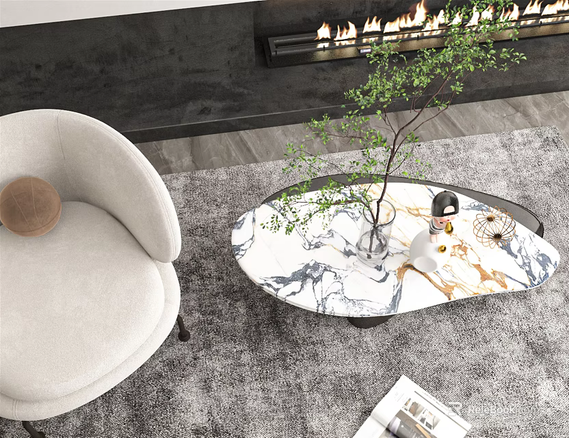 Oval Marble Top Coffee Table With Green Plant Vase And Magazine On Gray Rug 3d model 