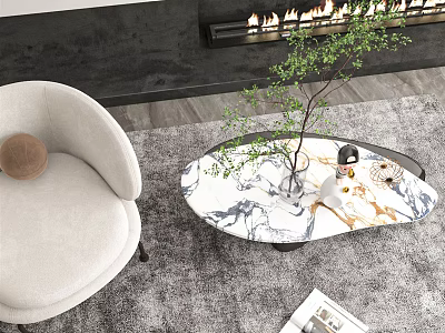 Oval Marble Top Coffee Table With Green Plant Vase And Magazine On Gray Rug 3d model