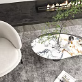 Oval Marble Top Coffee Table With Green Plant Vase And Magazine On Gray Rug