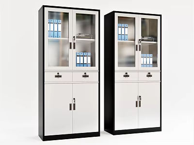 Modern Bookcase With Glass Doors Blue Folders White And Black Cabinets 3d model
