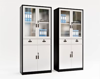 Modern Bookcase With Glass Doors Blue Folders White And Black Cabinets 3d model