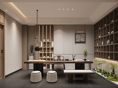 Modern Tea Room Interior Design With Long Table Stools Plants And Display Shelves 3d model