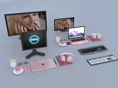 Dell Monitor And Pink Laptop Setup With Keyboard Mouse Headphones Coffee Cup Dessert 3d model