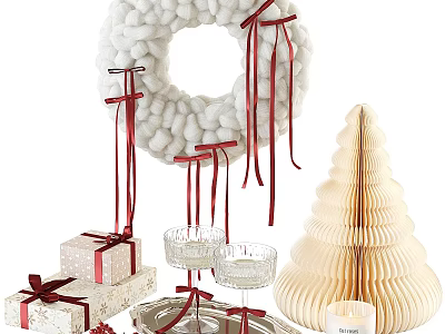 Decorative Ornament Set With White Wreath Red Ribbons Gift Boxes And Christmas Tree Decoration 3d model