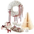 Decorative Ornament Set With White Wreath Red Ribbons Gift Boxes And Christmas Tree Decoration