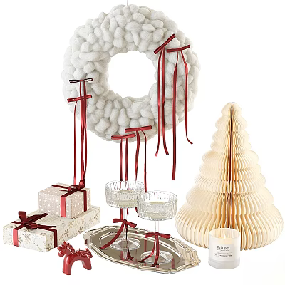 Decorative Ornament Set With White Wreath Red Ribbons Gift Boxes And Christmas Tree Decoration 3d model
