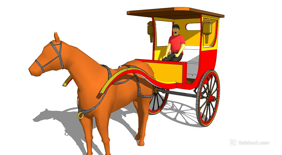 Traditional Horse Drawn Carriage With Brown Horse Yellow Red Body And Person Inside 3d model 