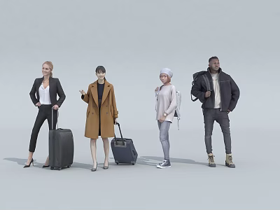 Group of People Standing with Luggage and Various Coats Against Gray Background 3d model