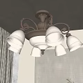 Elegant Classic Chandelier With White Shades And Curved Metal Design In Interior Space