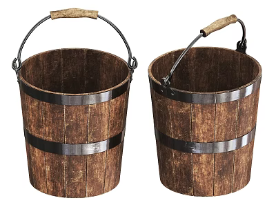 Rustic Wooden Buckets With Metal Hoops And Wooden Handles For Home Use 3d model