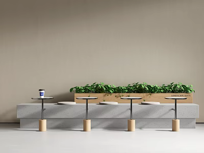 Grey Bench With Small Round Tables And Green Plants Against Beige Wall On White Floor 3d model