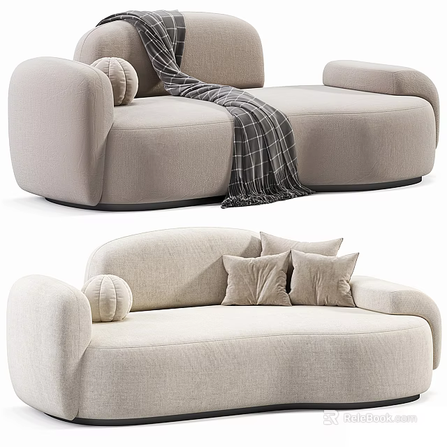 Beige Modern Sectional Sofa with Rounded Armrests Pillows and Plaid Blanket 3d model
