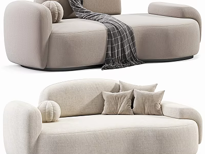 Beige Modern Sectional Sofa with Rounded Armrests Pillows and Plaid Blanket 3d model