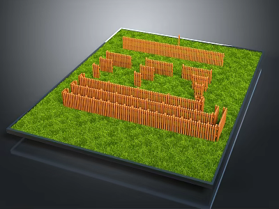 Scenic Landscape with Lush Green Grass and Orange Wooden Fence Maze Structure 3d model