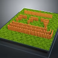 Scenic Landscape with Lush Green Grass and Orange Wooden Fence Maze Structure
