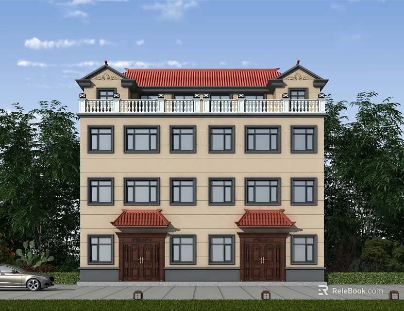 Chinese Style Semi Detached Villa With Red Roof Beige Exterior Wall And Green Trees 3d model 