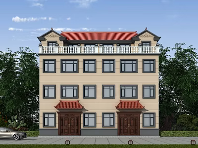 Chinese Style Semi Detached Villa With Red Roof Beige Exterior Wall And Green Trees 3d model