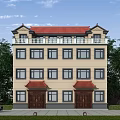 Chinese Style Semi Detached Villa With Red Roof Beige Exterior Wall And Green Trees