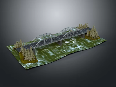 Miniature Arch Bridge Scene With Metal Structure Water And Green Trees 3d model