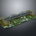 Miniature Arch Bridge Scene With Metal Structure Water And Green Trees