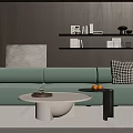 Modern Green Three Seater Sofa With Round Coffee Table Side Table And Checkered Pillow 3d model