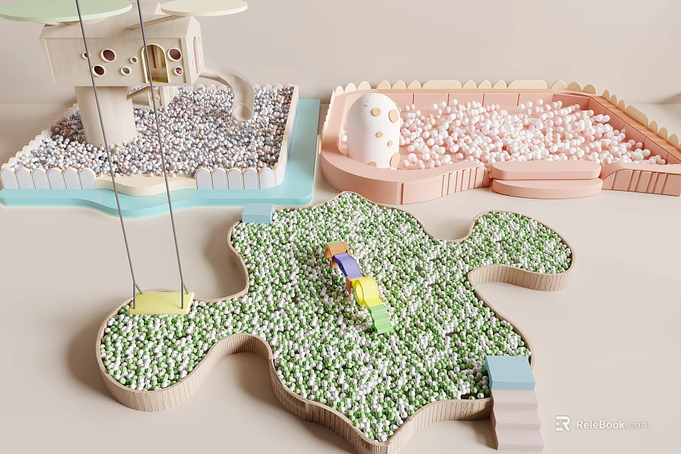 Colorful Playground Equipment With Green Pebble Area Pink Granule Zone Small House Slide And Swing 3d model 
