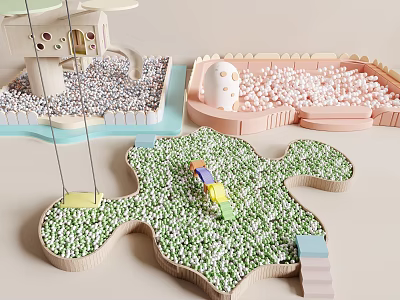 Colorful Playground Equipment With Green Pebble Area Pink Granule Zone Small House Slide And Swing 3d model