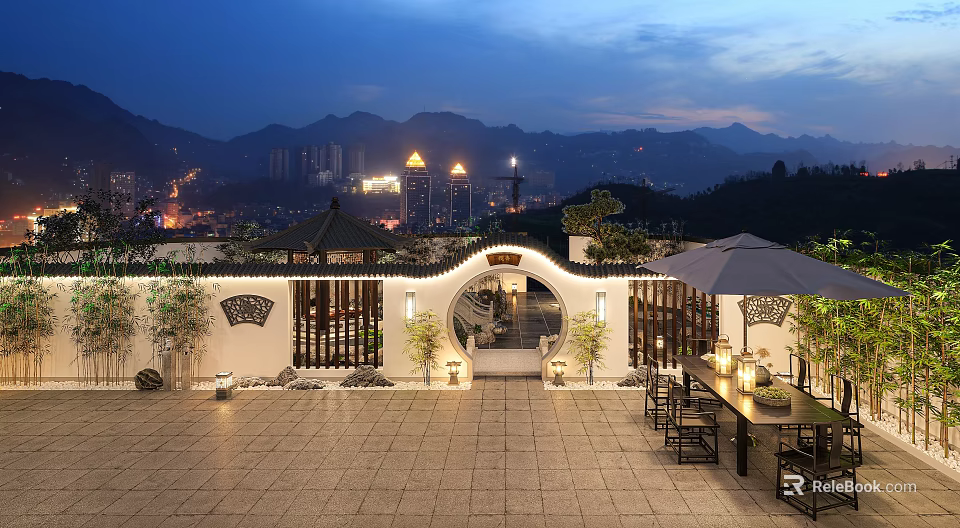 Traditional Chinese Garden Landscape at Night with Lanterns Stone Furniture and Distant City Lights 3d model 