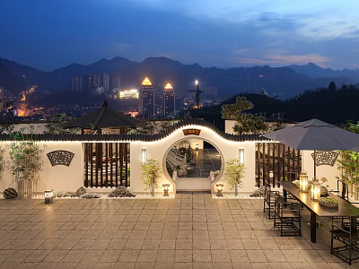 Traditional Chinese Garden Landscape at Night with Lanterns Stone Furniture and Distant City Lights 3d model