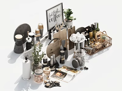 Modern Kitchenware Collection With Coffee Mugs Cutting Boards Plants Jars And Wine Bottles 3d model