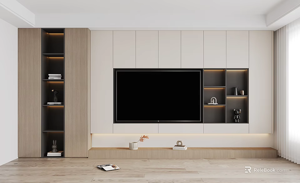 Modern TV Console Wall Unit With Built in Storage Shelves And LED Lighting 3d model 