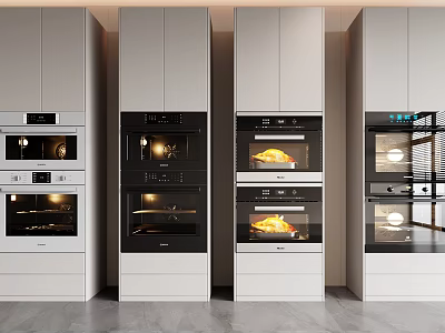Modern Kitchen Appliances With Multiple Built in Ovens In White Cabinets Showcasing Different Functions 3d model