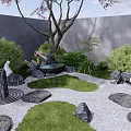 Japanese Dry Landscape Garden With Stone Path Moss Lantern Green Shrubs And Wooden Deck