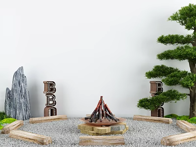 Garden Ornaments Featuring Rockery BBQ Decorations Bonfire Pit Gravel Wooden Fences And Pine Tree 3d model
