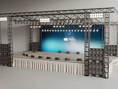 Event Stage Setup With Metal Truss Lighting Blue Starry Backdrop And Sound Speakers 3d model