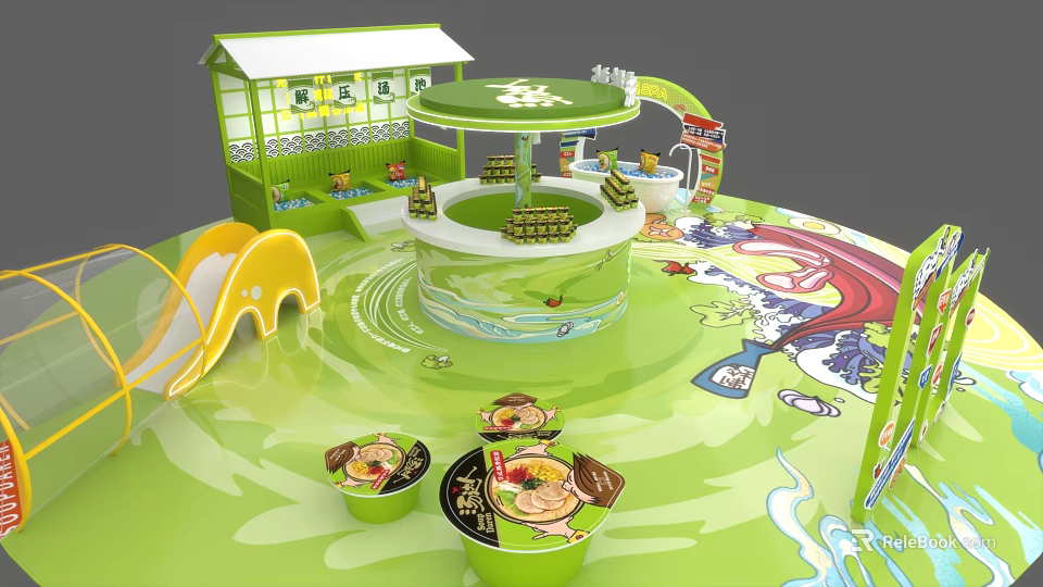 Green Themed Play Area Featuring Slide Round Pavilion Ramen Bowls And Cartoon Decorations 3d model 