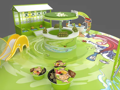 Green Themed Play Area Featuring Slide Round Pavilion Ramen Bowls And Cartoon Decorations 3d model