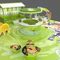 Green Themed Play Area Featuring Slide Round Pavilion Ramen Bowls And Cartoon Decorations