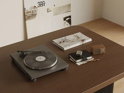 Vintage Turntable on Wooden Table with Books and Small Box 3d model