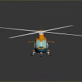 Orange and Blue Helicopter Model with White Propellers on Dark Background 3d model