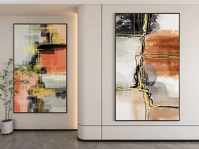 Modern Abstract Paintings On White Wall With Green Plant Decor 3d model