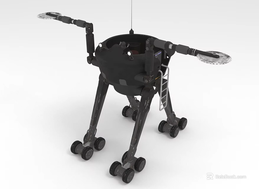 Black Mechanical Robot With Wheeled Legs And Extendable Arms For Sensing Tasks 3d model