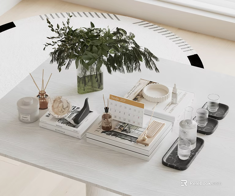 Chic Decorative Ornament Set With Green Plant Vase Aromatherapy Books And Trays On White Table 3d model 